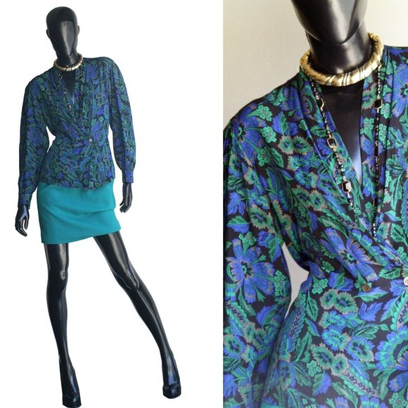 Paul Stanley Vintage Silk Blouse Women's Size Small Blue Green Floral Draped - Picture 11 of 11